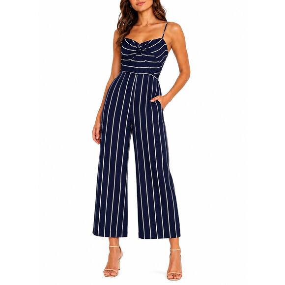 Bardot Pants - Bardot Layla Navy White Striped Tie Front Wide Leg Jumpsuit Pockets Size 6/Small